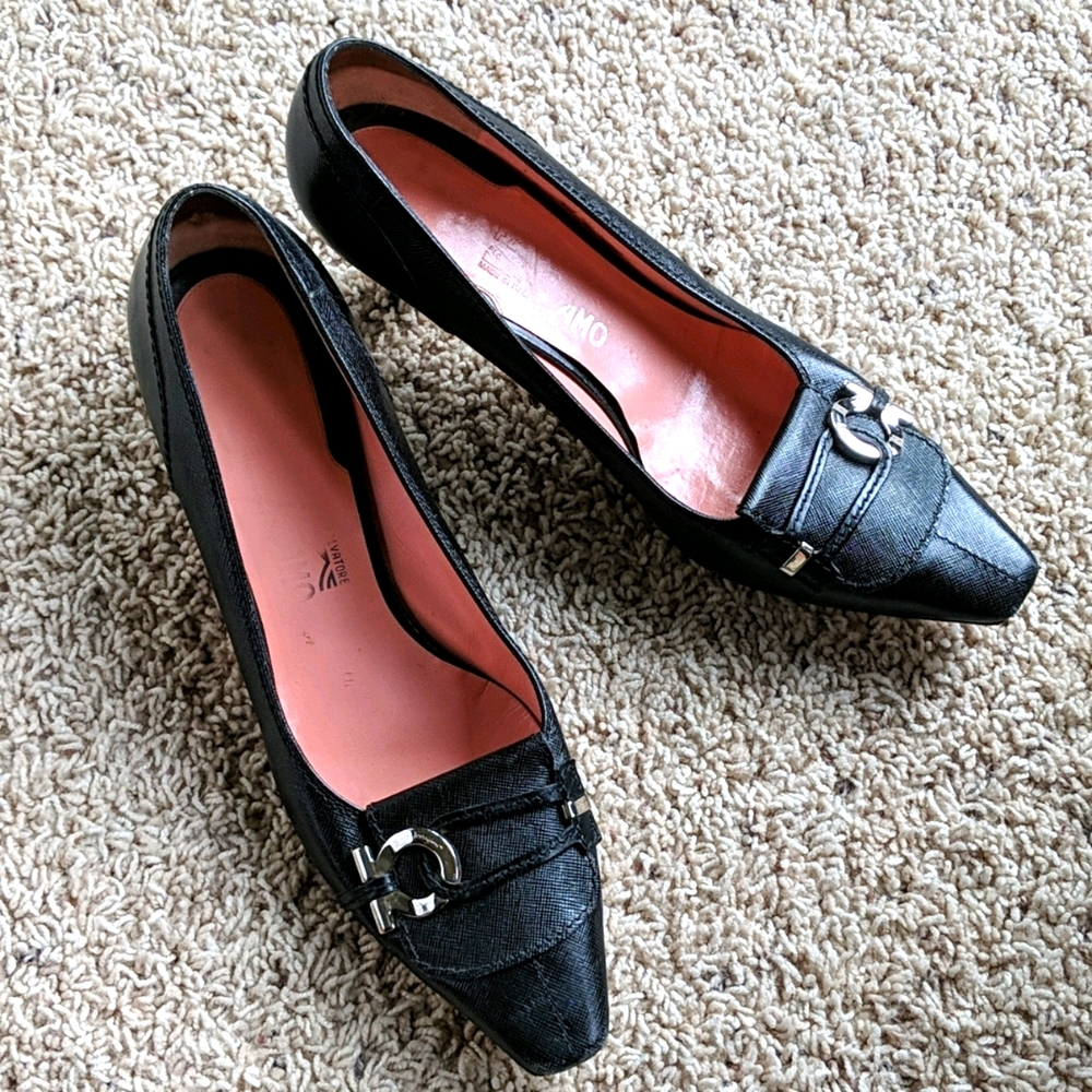 Salvatore Ferragamo black leather kitten heels